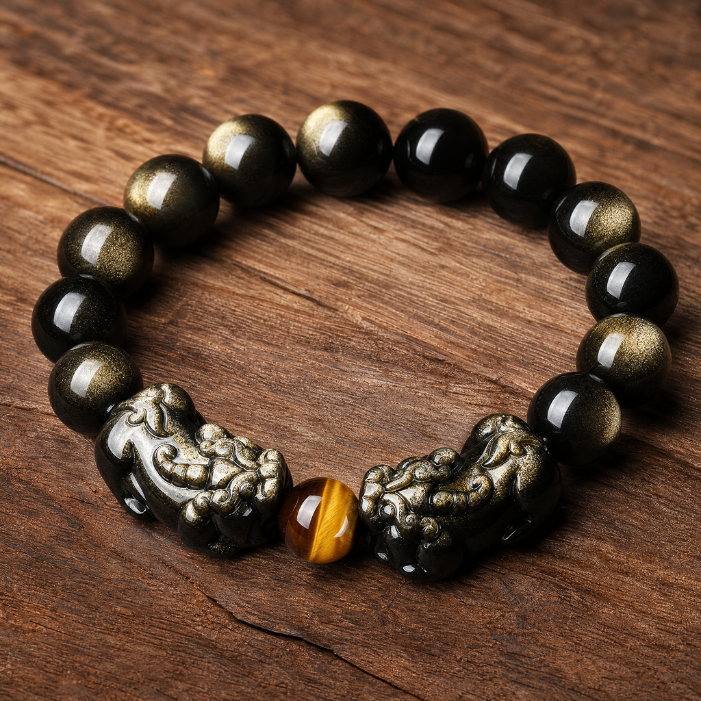 Natural Gold Sheen Obsidian Twin Pixiu Wealth Prosperity Beads Bracelet