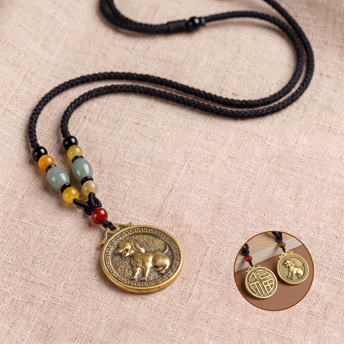 Golden Brass Chinese Zodiac Auspicious Symbol Blessing Pendant Necklace
