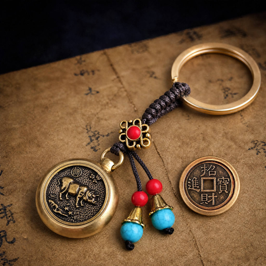 Golden Brass Chinese Zodiac Auspicious Symbol Blessing Keychain