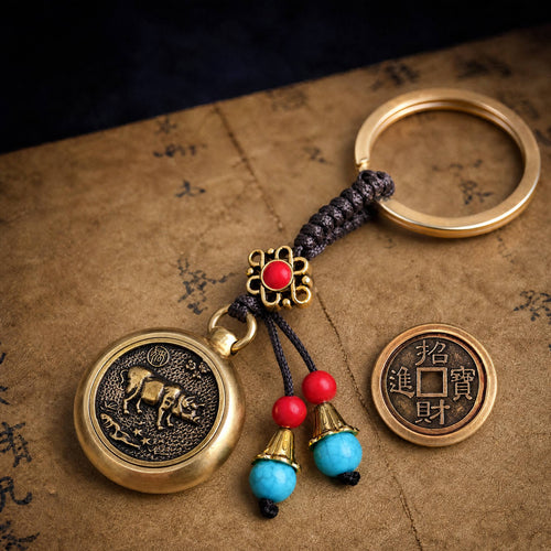 Golden Brass Chinese Zodiac Auspicious Symbol Blessing Keychain