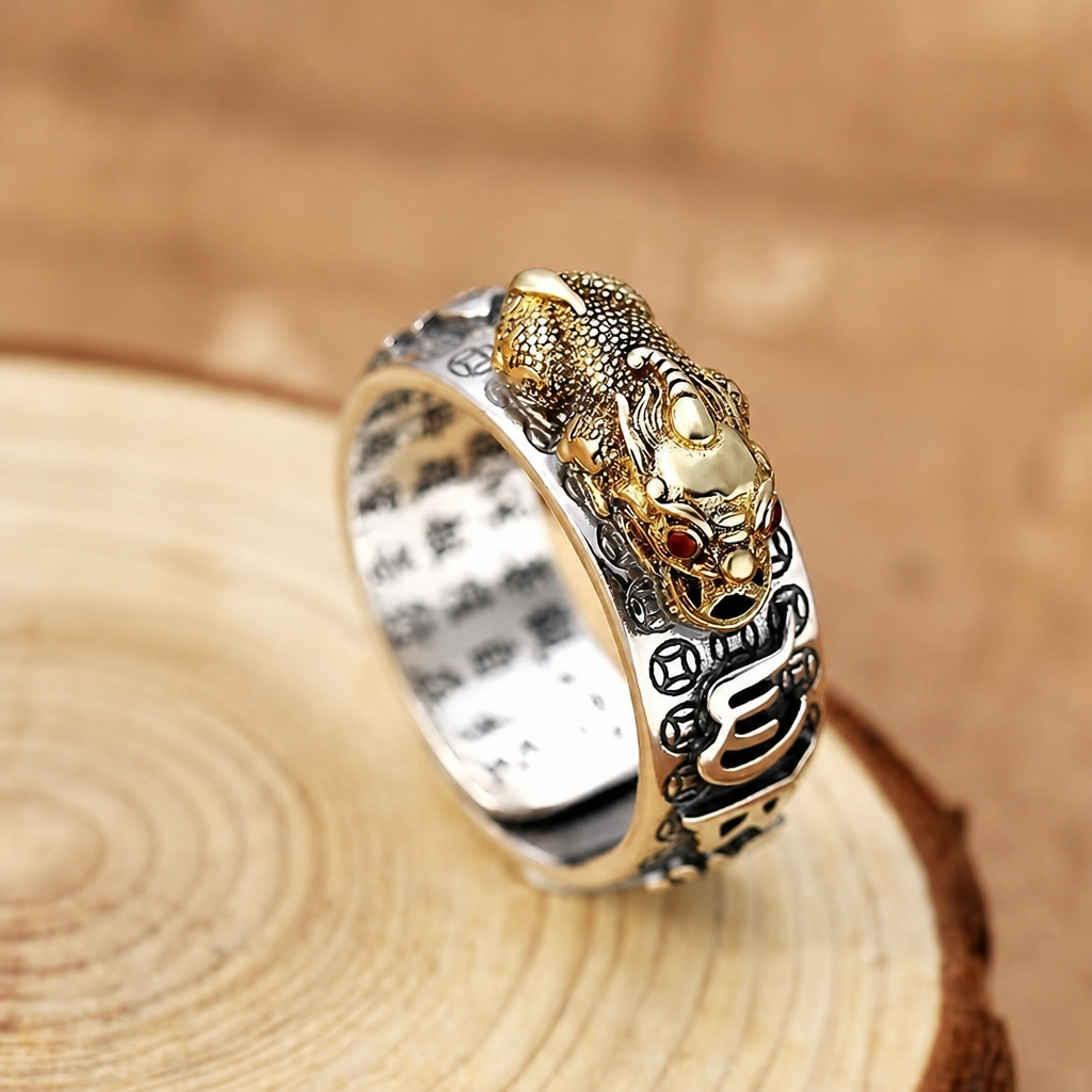 Copper Alloy Pixiu Heart Sutra Engraved Wealth Protection Adjustable Ring