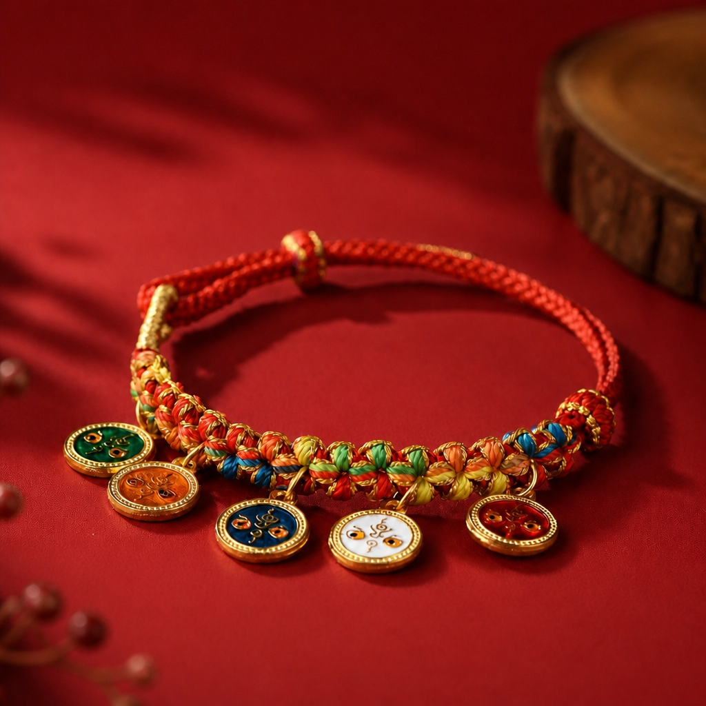Red String Alloy Five Wealth Gods Prosperity Luck Protection Braided Bracelet