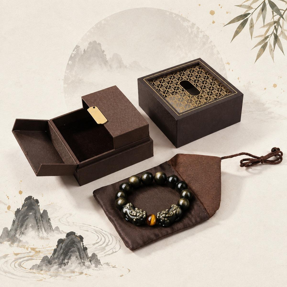 Natural Gold Sheen Obsidian Twin Pixiu Wealth Prosperity Beads Bracelet
