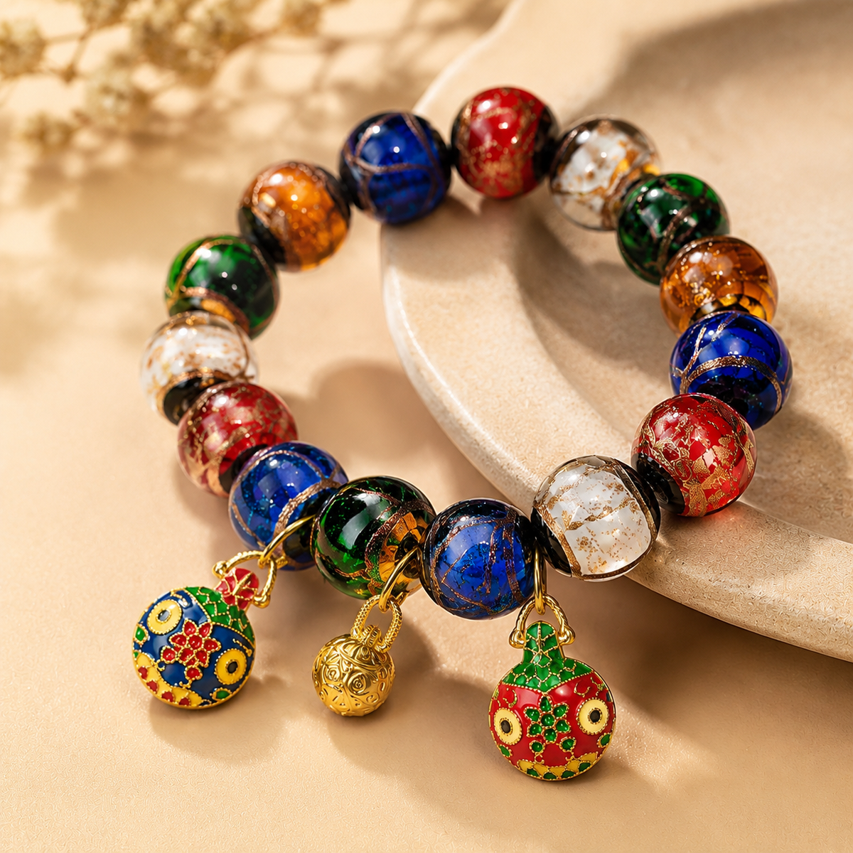 Multicolor Colored Glaze Gold Swallowing Beast Wealth Fortune Beads Bracelet
