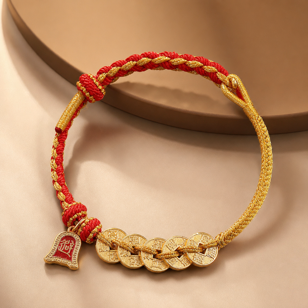 Golden Brass Five-Emperor Coins Red String Wealth Luck Protection Braided Bracelet