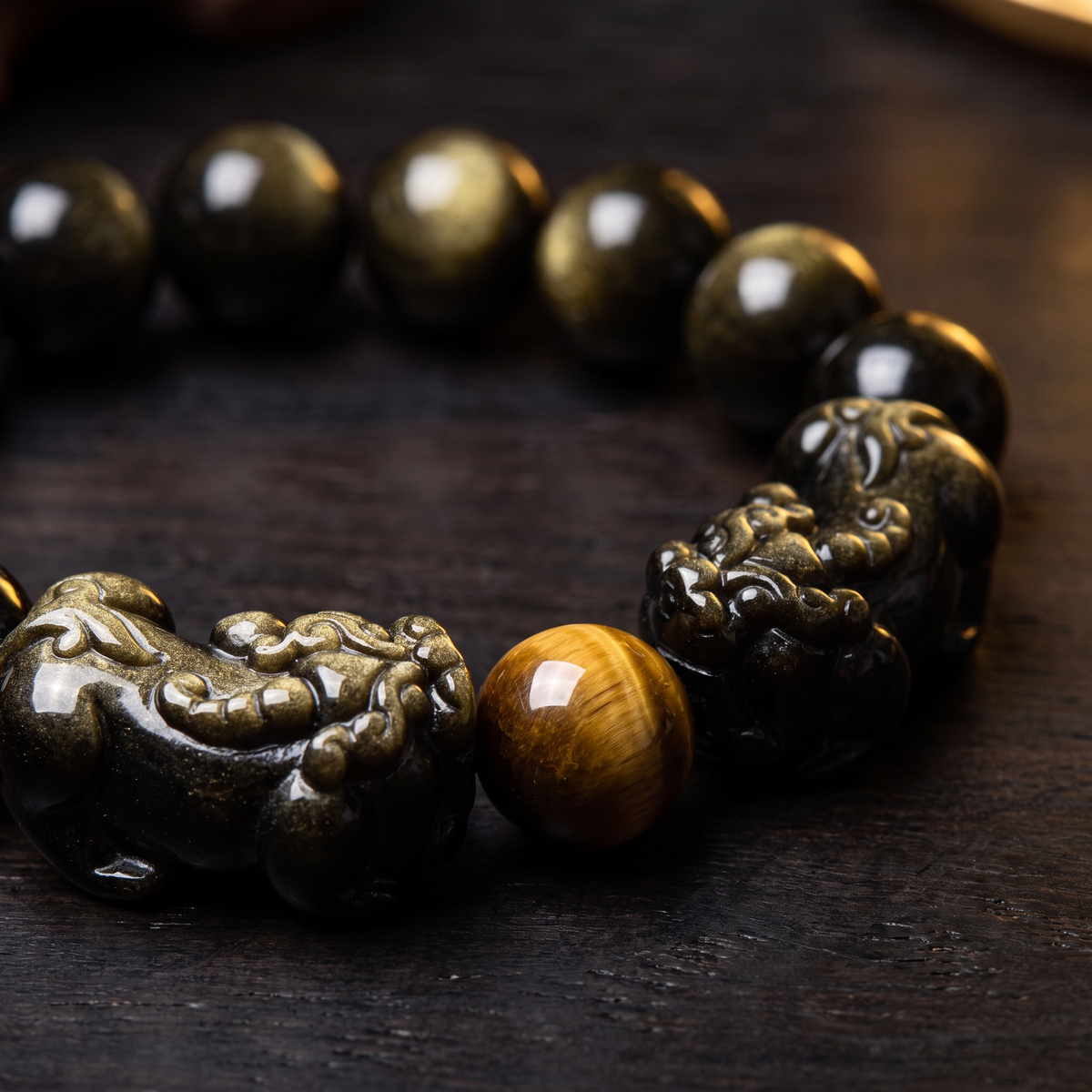 Natural Gold Sheen Obsidian Twin Pixiu Wealth Prosperity Beads Bracelet