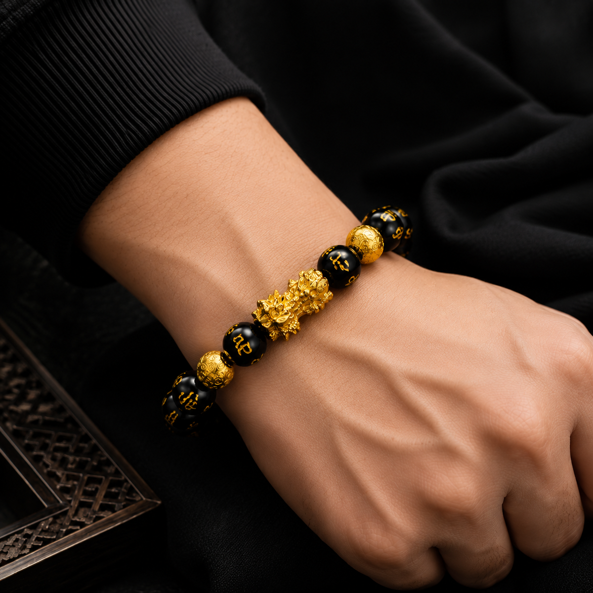 Natural Black Obsidian Pixiu Wealth Luck Protection Beads Bracelet