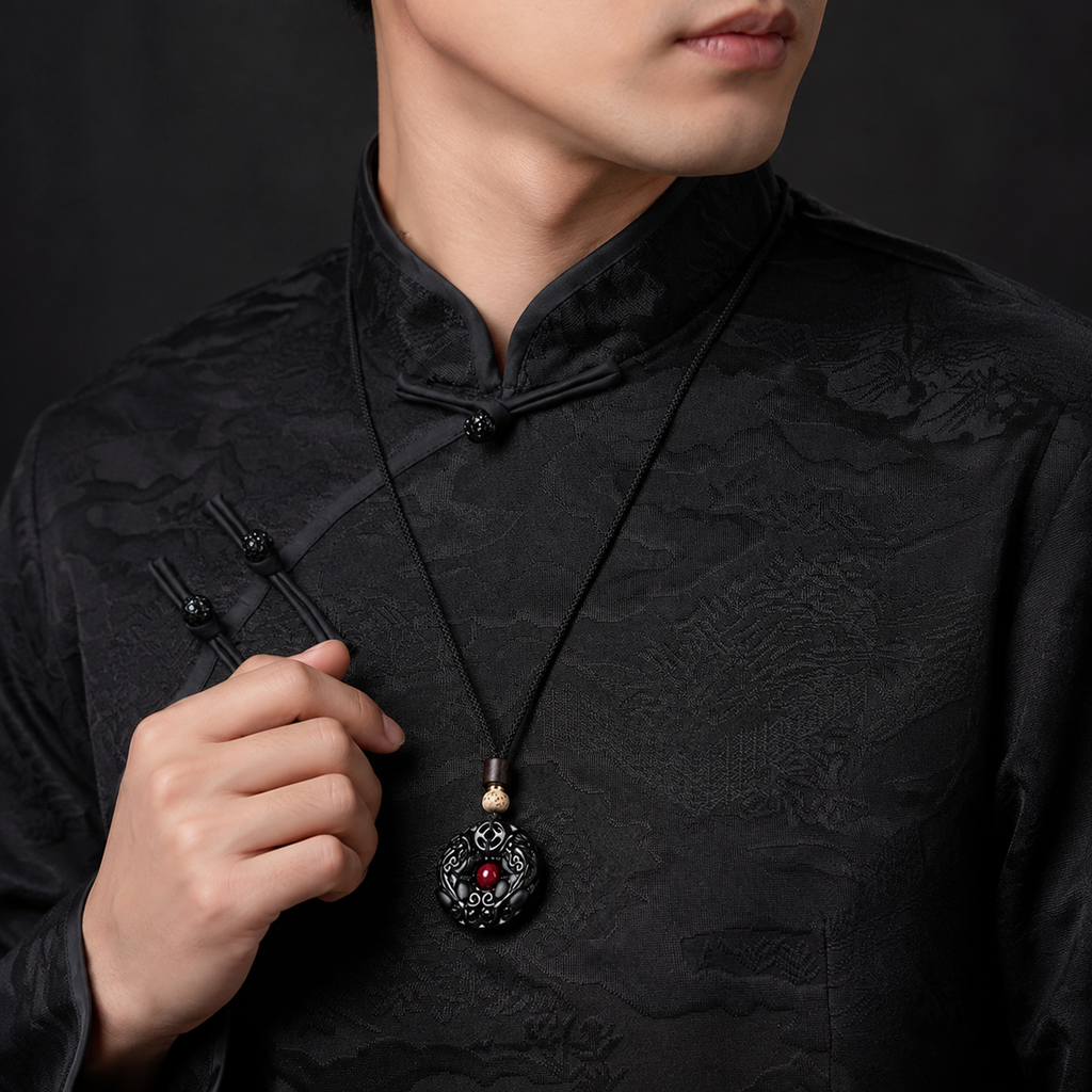 Natural Black Obsidian Peace Buckle Safety Pendant Necklace