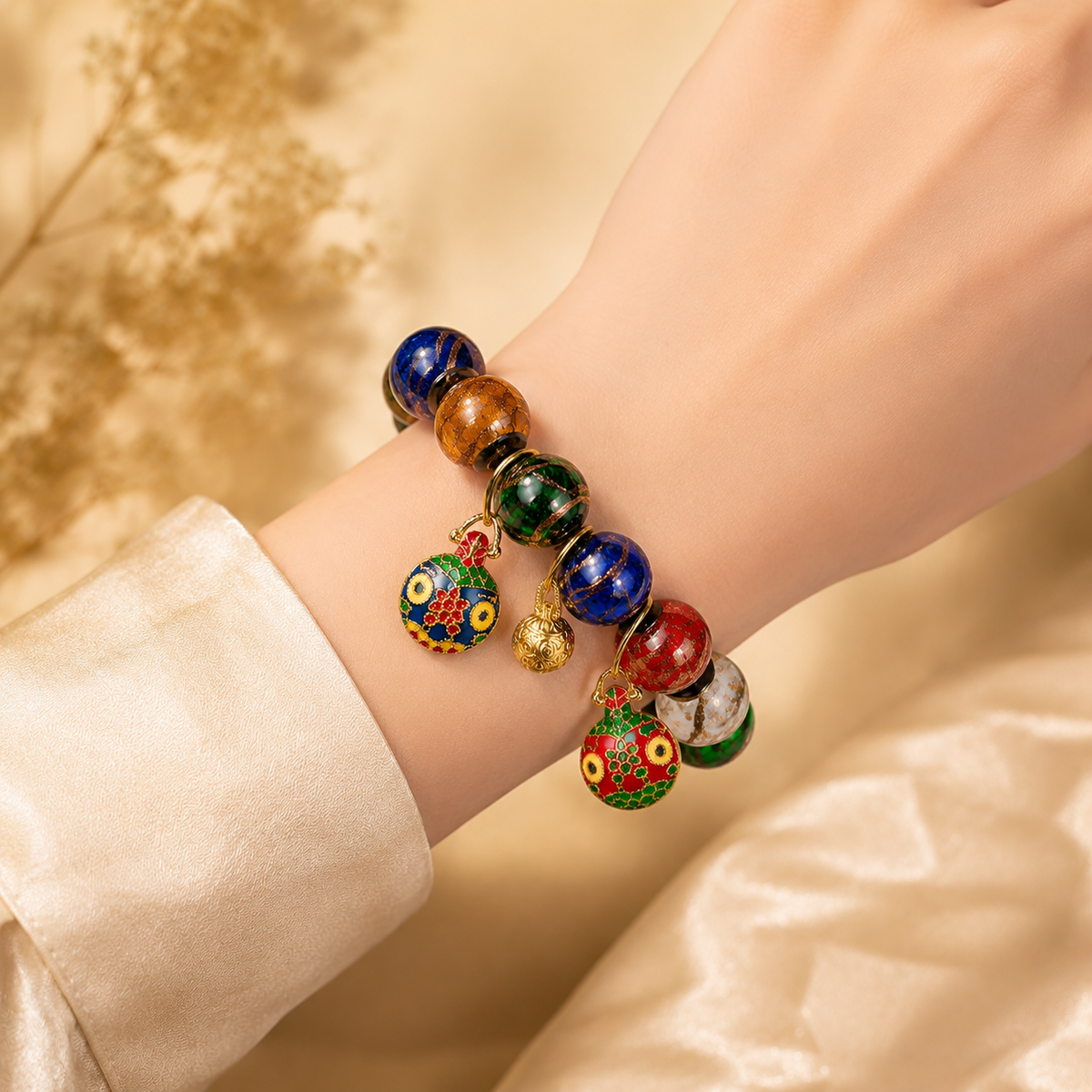 Multicolor Colored Glaze Gold Swallowing Beast Wealth Fortune Beads Bracelet