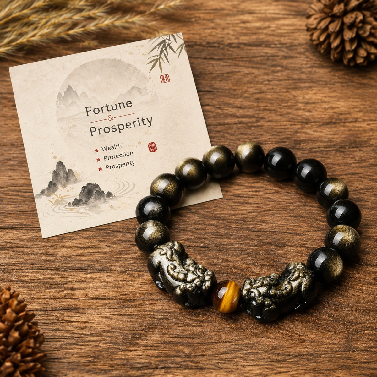 Natural Gold Sheen Obsidian Twin Pixiu Wealth Prosperity Beads Bracelet