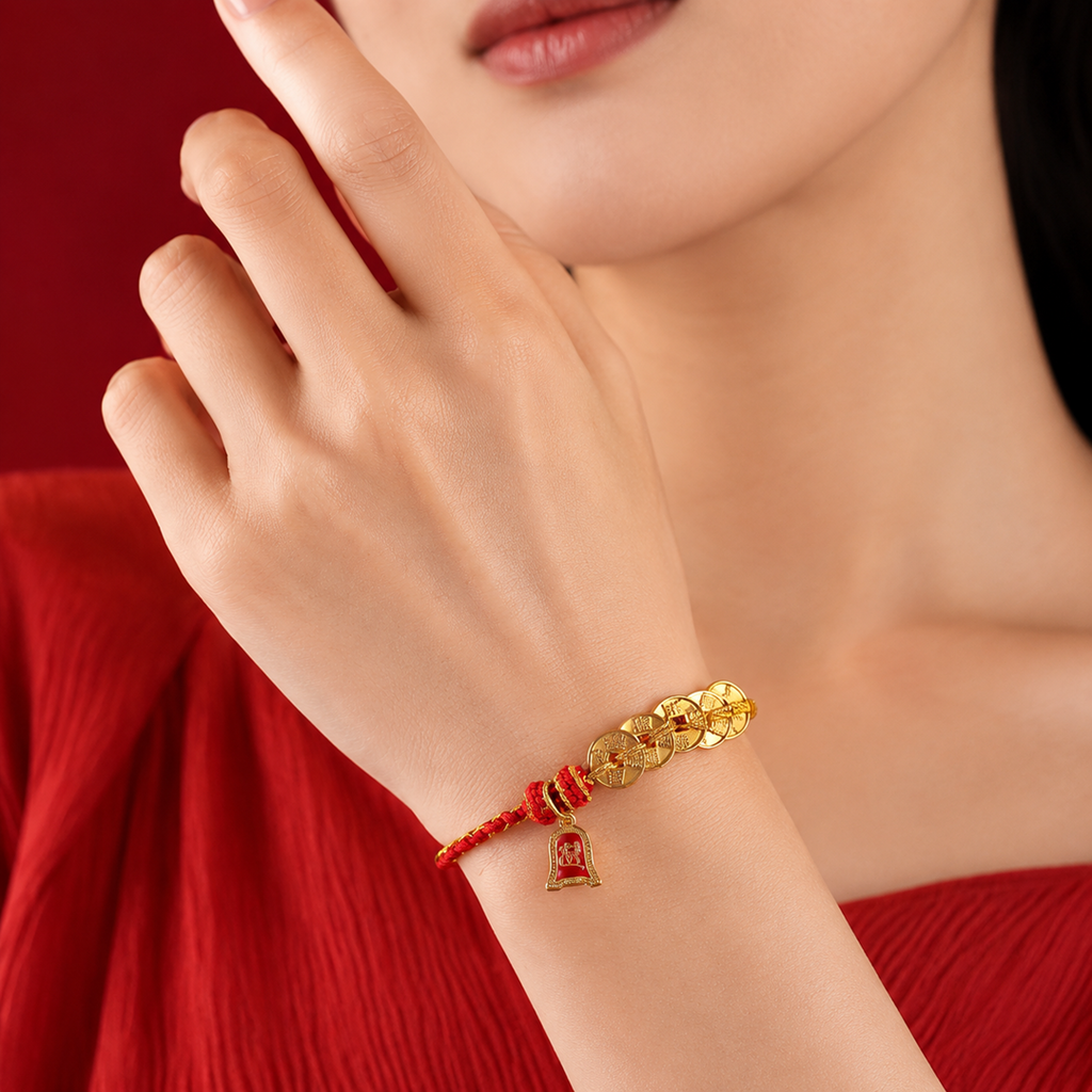 Golden Brass Five-Emperor Coins Red String Wealth Luck Protection Braided Bracelet