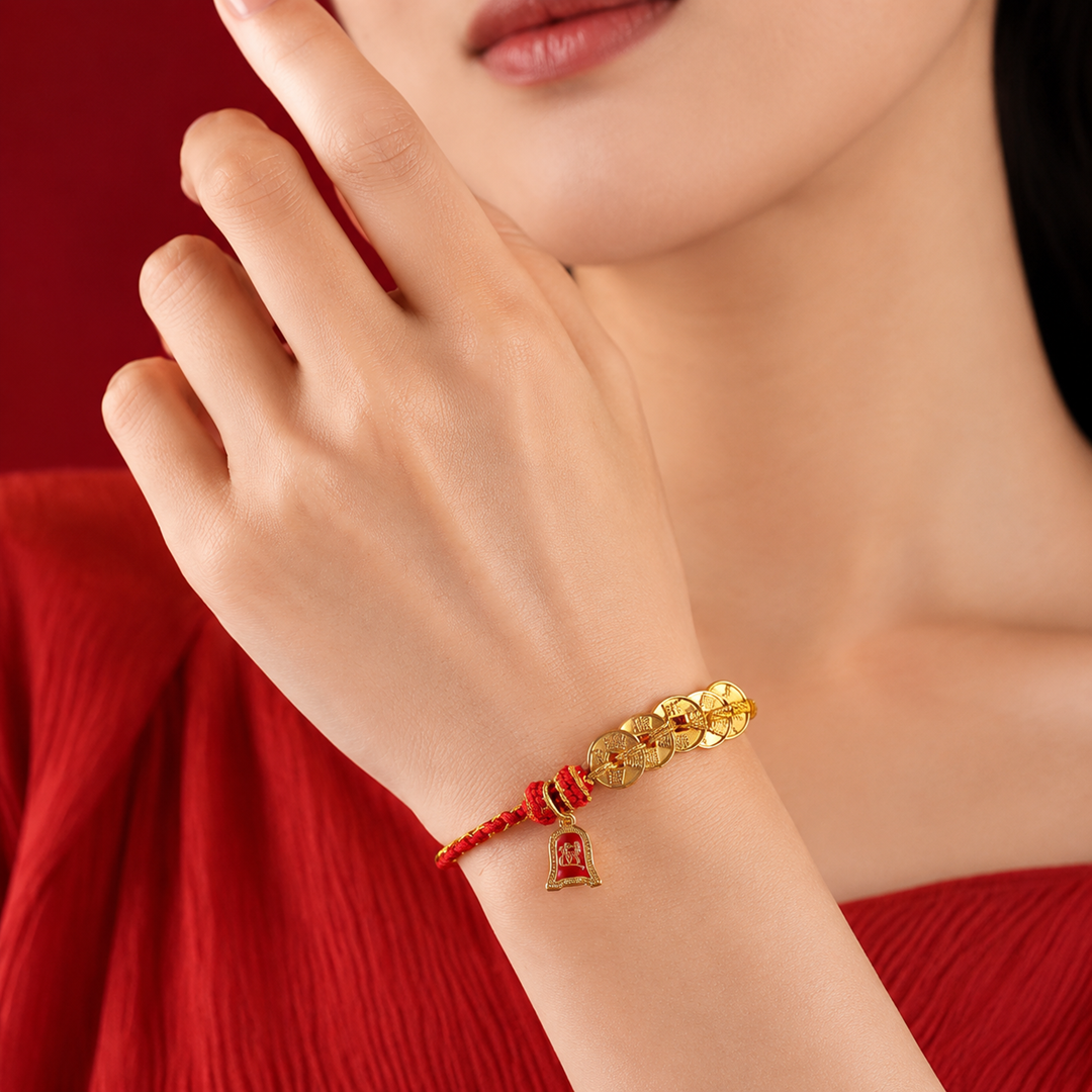 Golden Brass Five-Emperor Coins Red String Wealth Luck Protection Braided Bracelet