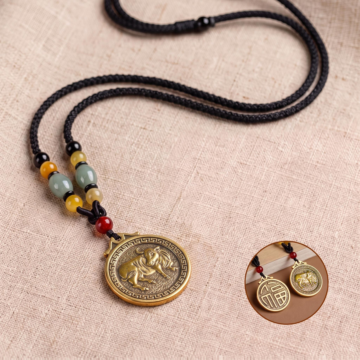 Golden Brass Chinese Zodiac Auspicious Symbol Blessing Pendant Necklace