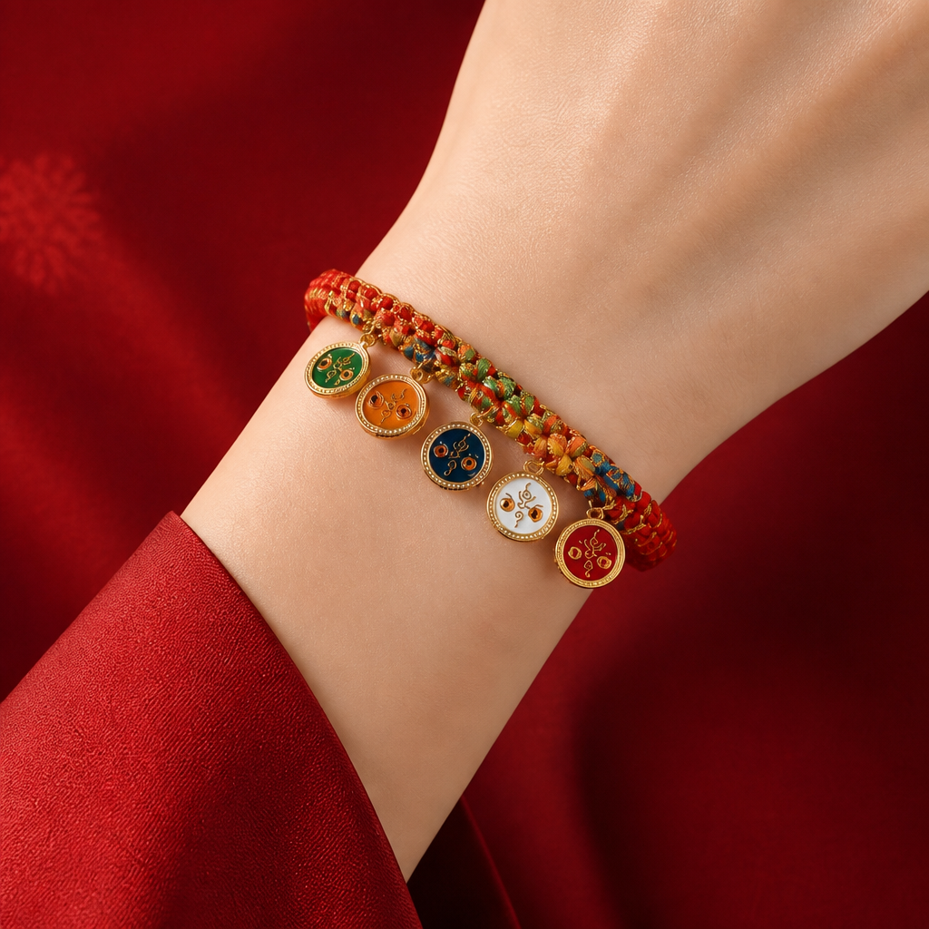 Red String Alloy Five Wealth Gods Prosperity Luck Protection Braided Bracelet