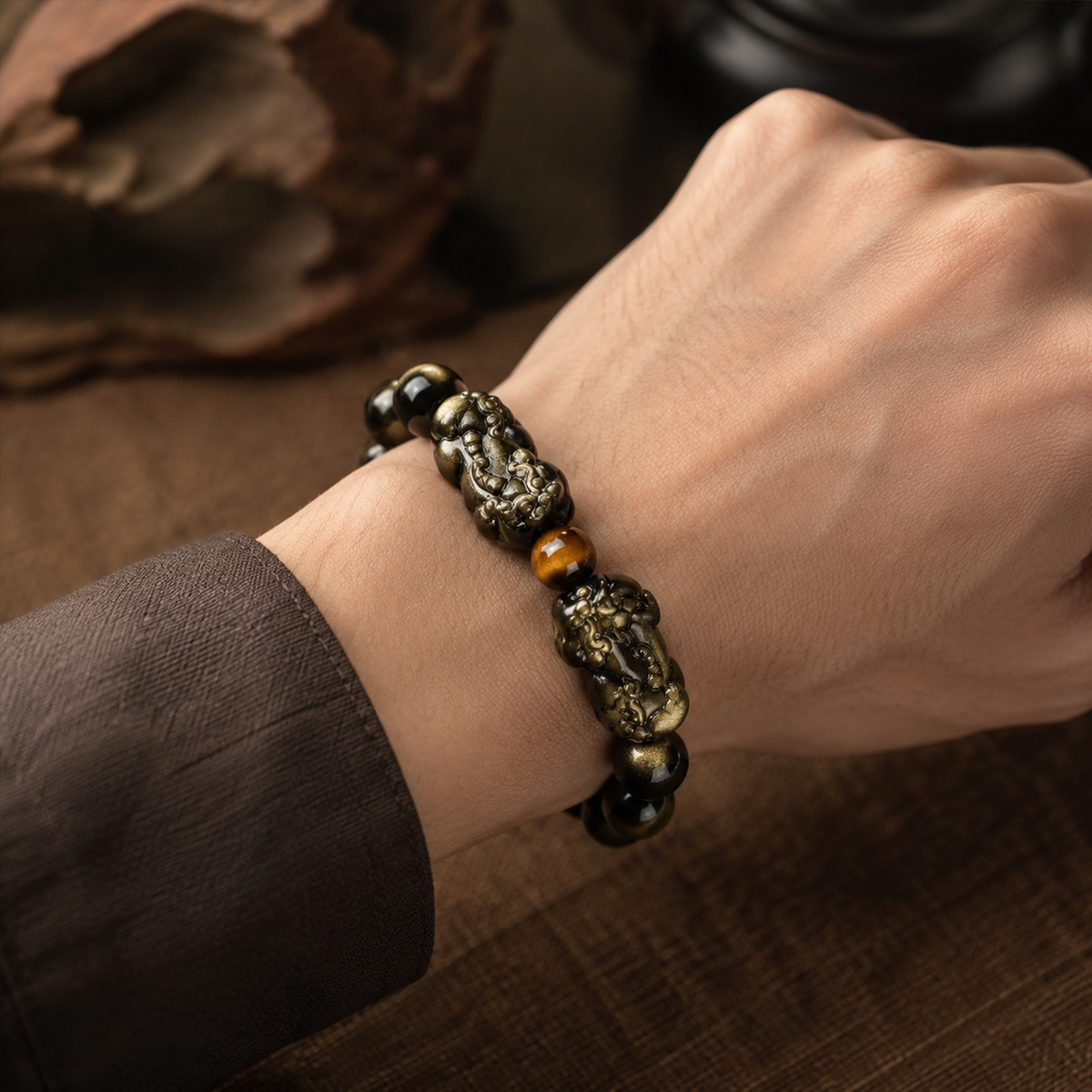 Natural Gold Sheen Obsidian Twin Pixiu Wealth Prosperity Beads Bracelet