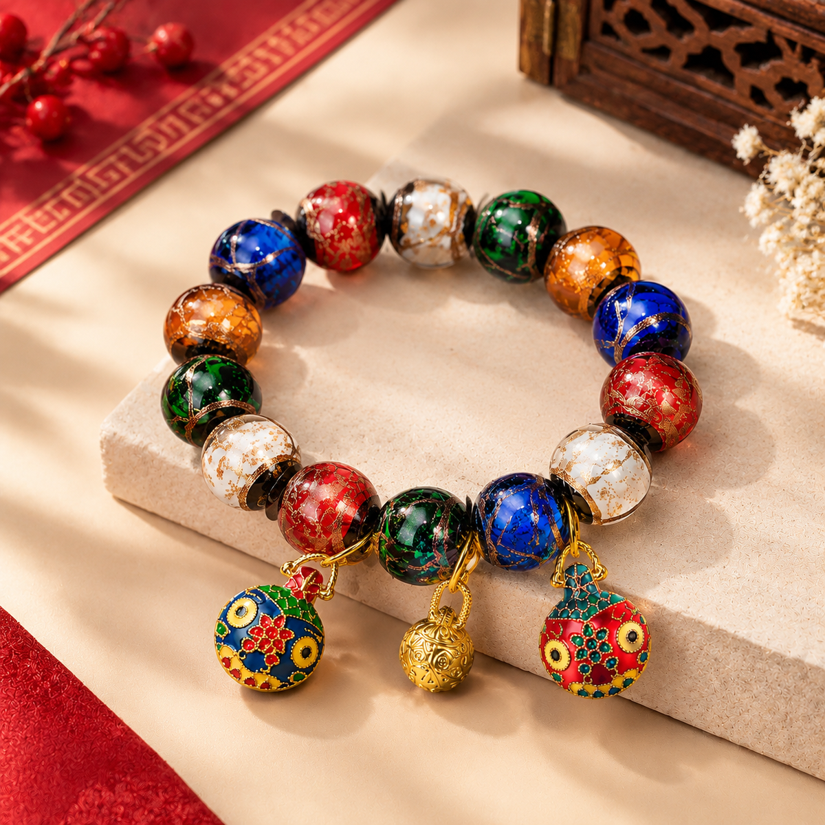 Multicolor Colored Glaze Gold Swallowing Beast Wealth Fortune Beads Bracelet