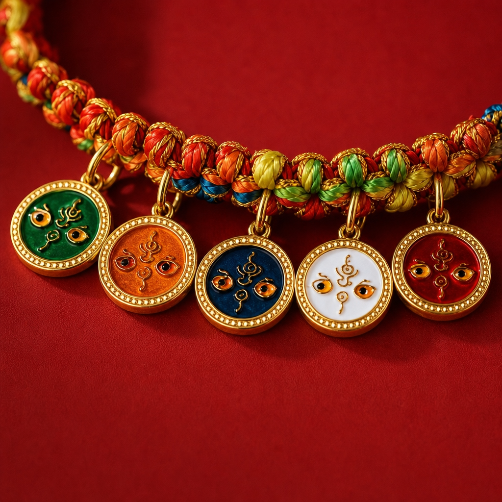 Red String Alloy Five Wealth Gods Prosperity Luck Protection Braided Bracelet