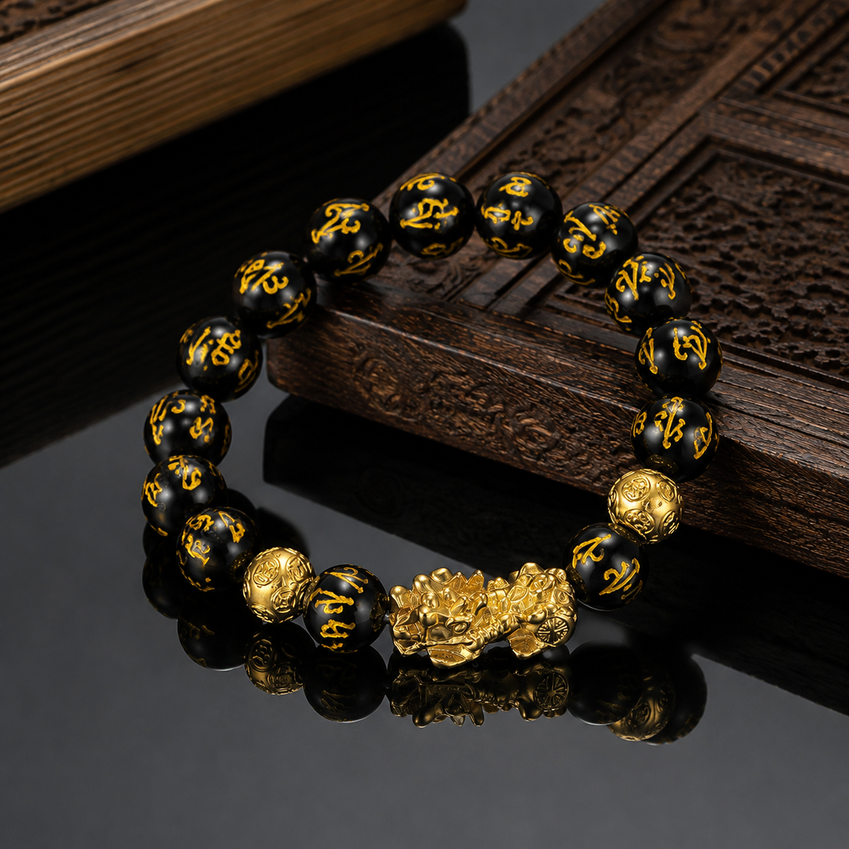 Natural Black Obsidian Pixiu Wealth Luck Protection Beads Bracelet