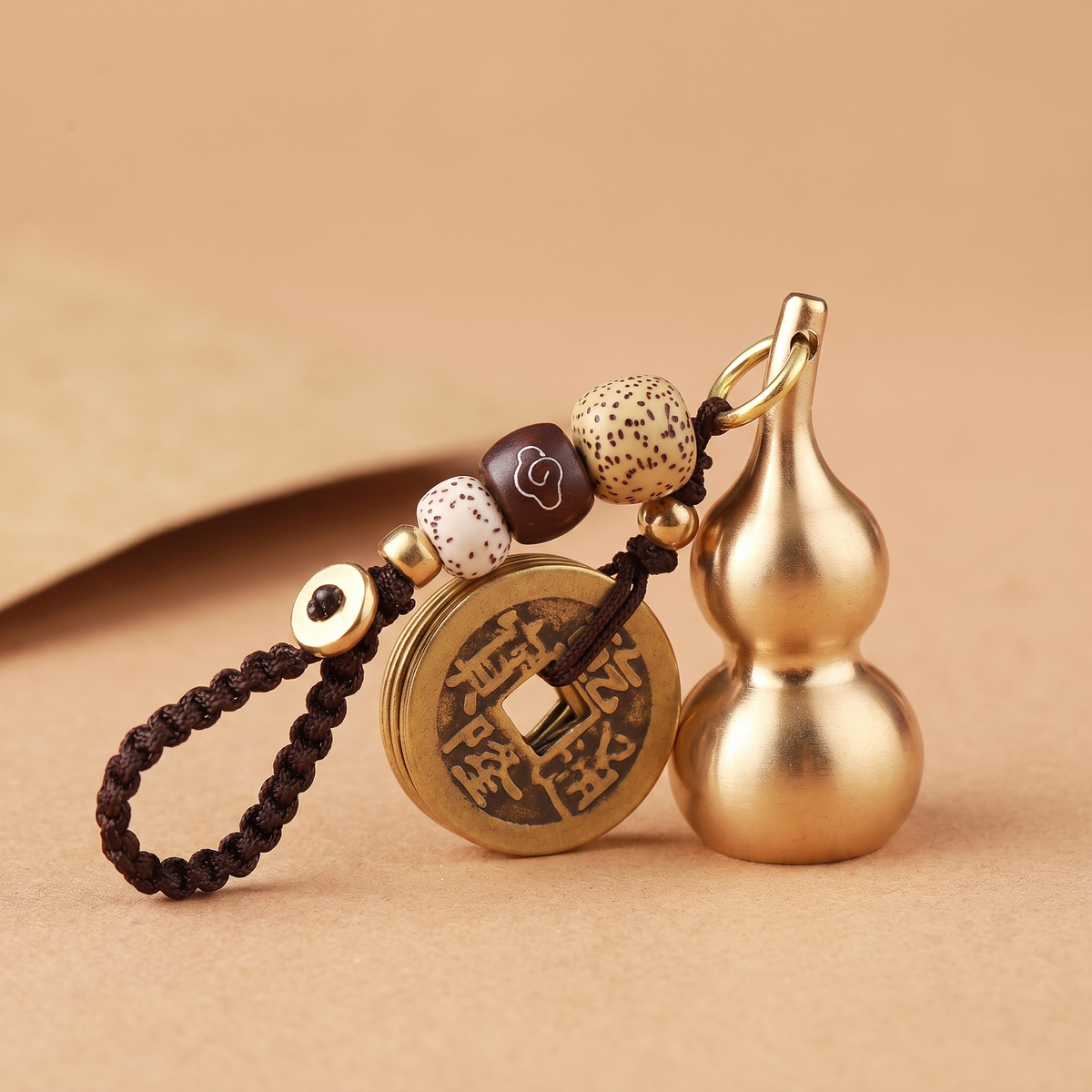 Golden Brass Five-Emperor Coins Gourd Fortune Luck Hanging Charm
