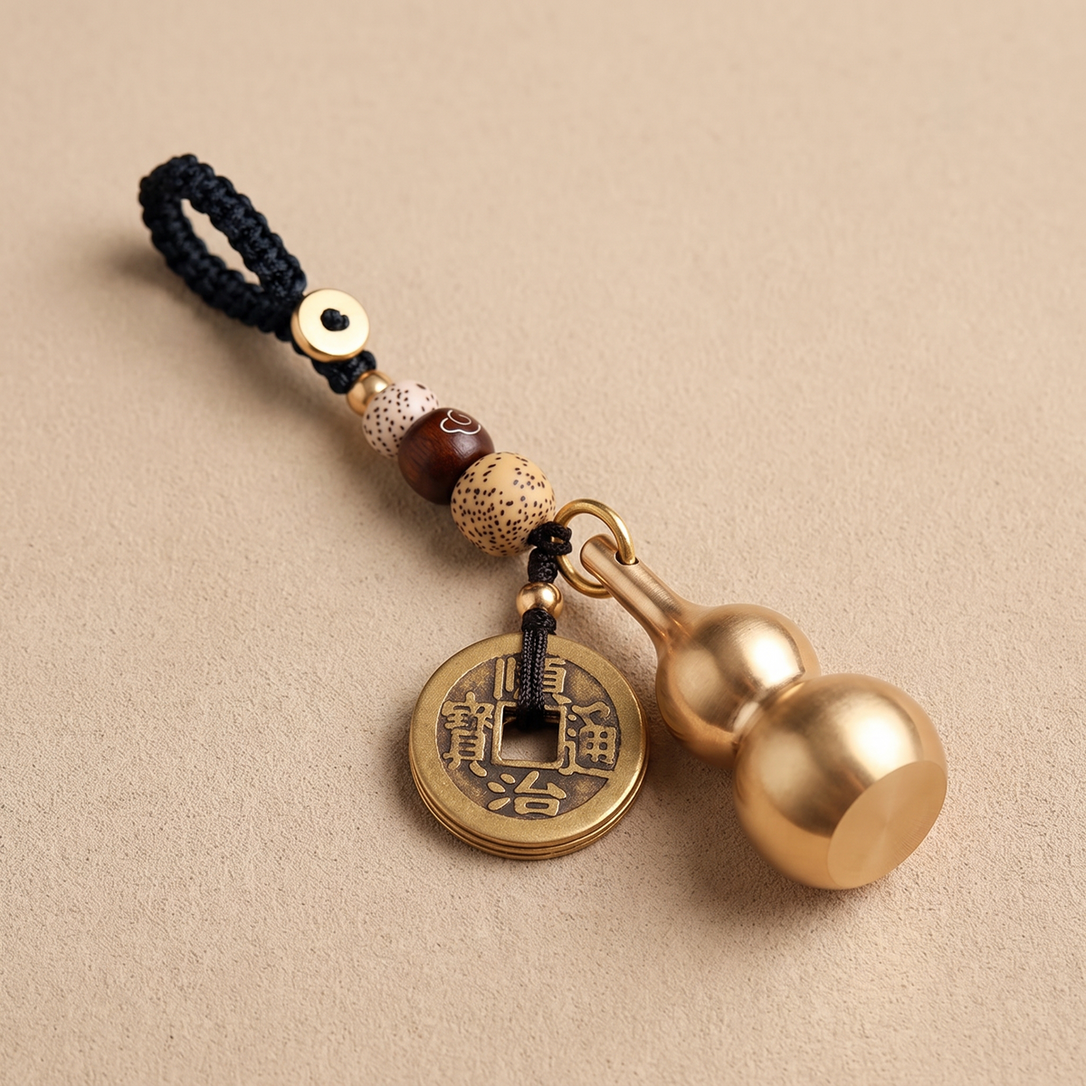 Golden Brass Five-Emperor Coins Gourd Fortune Luck Hanging Charm