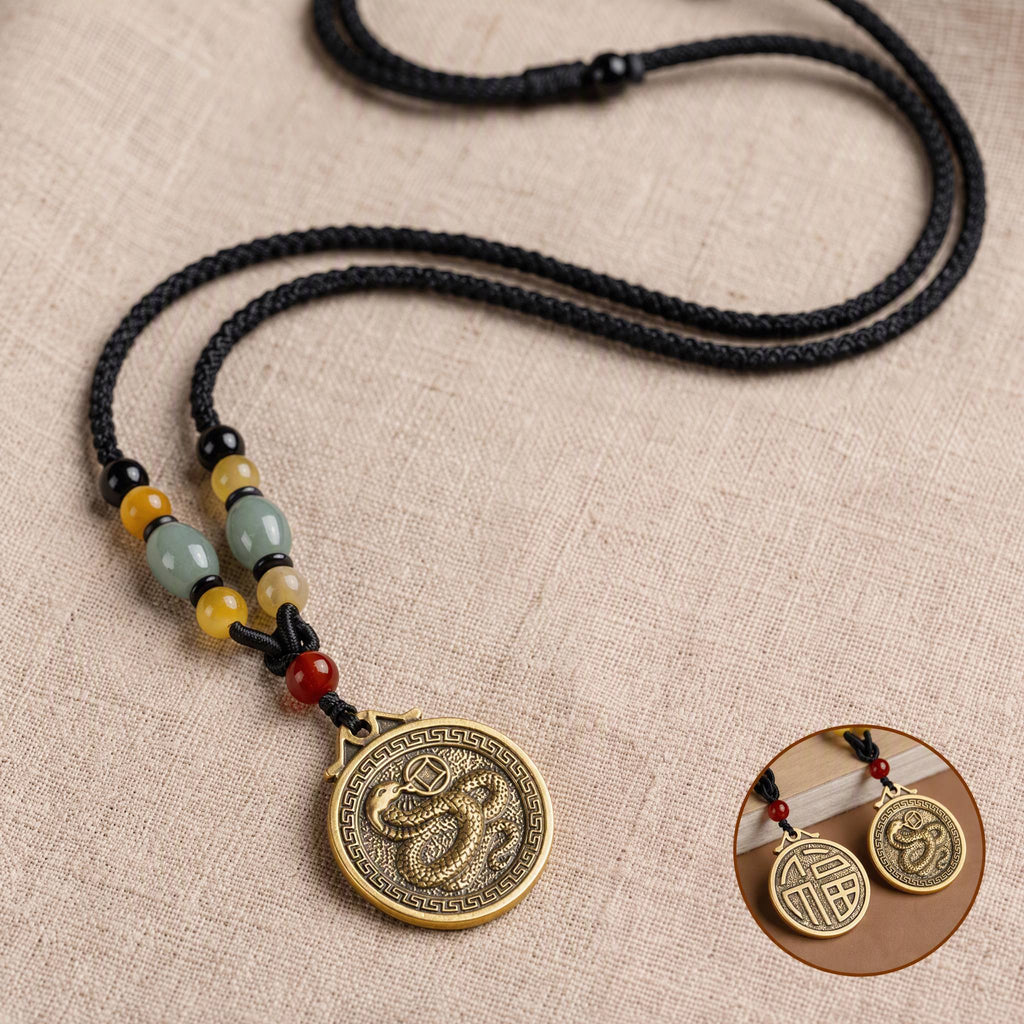 Golden Brass Chinese Zodiac Auspicious Symbol Blessing Pendant Necklace