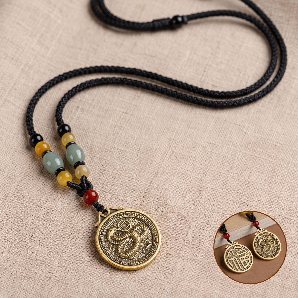 Golden Brass Chinese Zodiac Auspicious Symbol Blessing Pendant Necklace