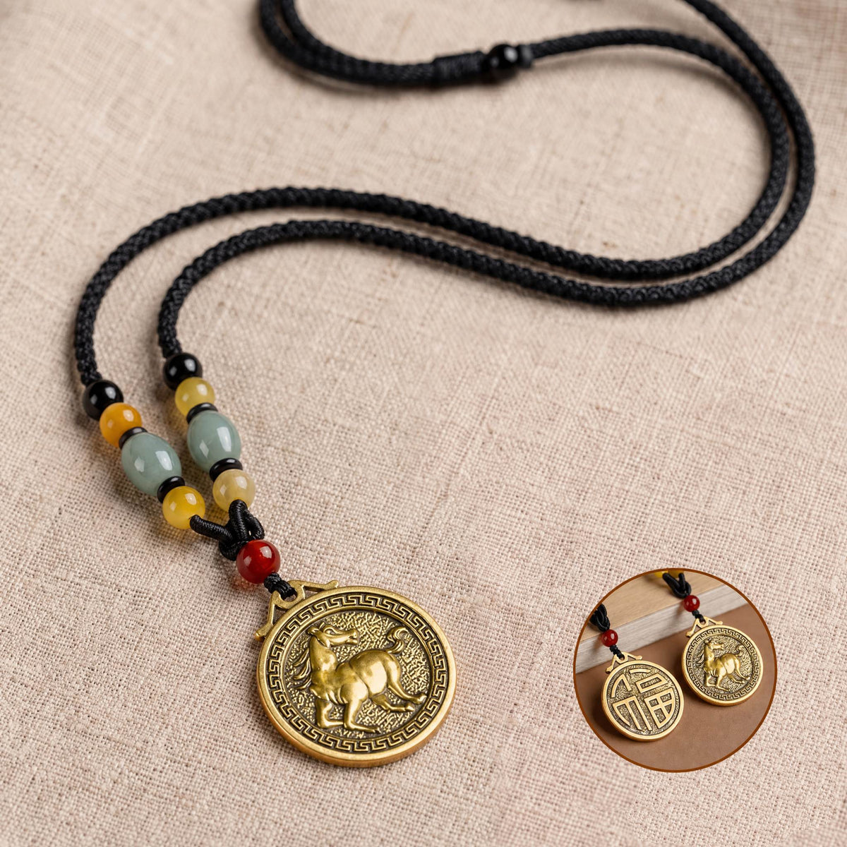 Golden Brass Chinese Zodiac Auspicious Symbol Blessing Pendant Necklace