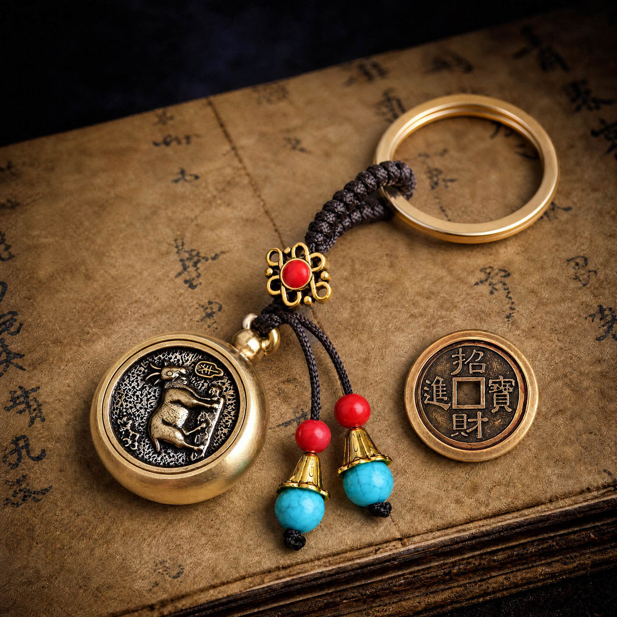 Golden Brass Chinese Zodiac Auspicious Symbol Blessing Keychain