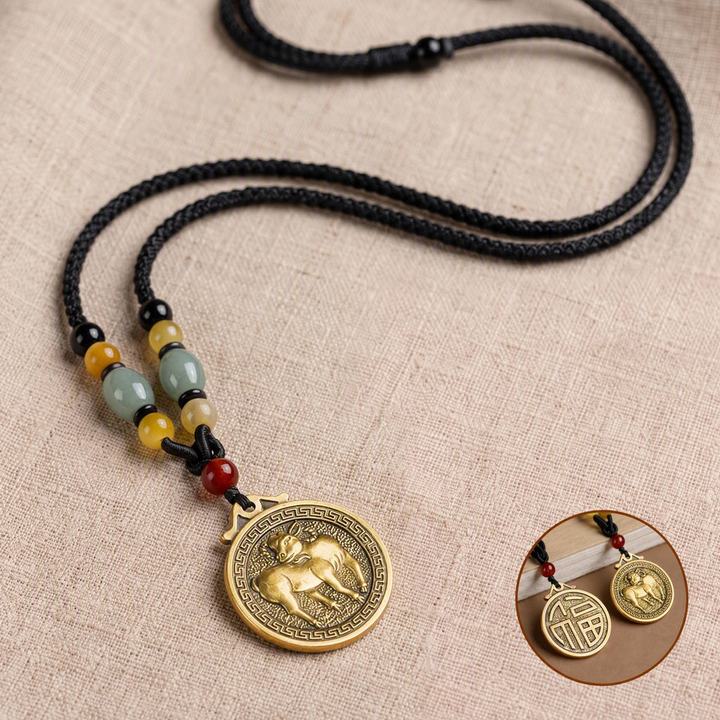 Golden Brass Chinese Zodiac Auspicious Symbol Blessing Pendant Necklace