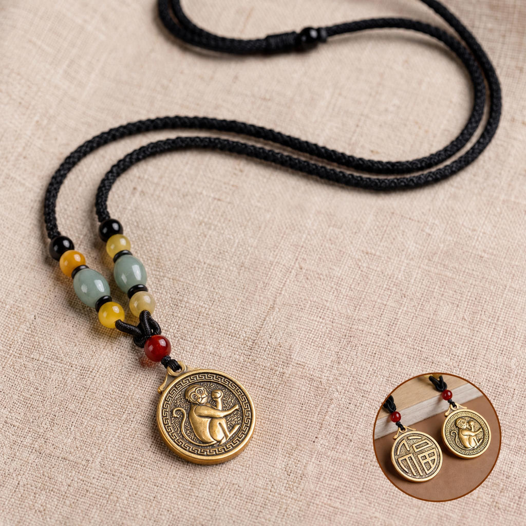 Golden Brass Chinese Zodiac Auspicious Symbol Blessing Pendant Necklace