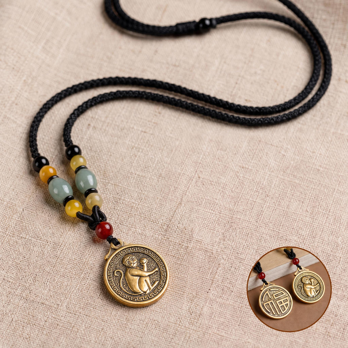 Golden Brass Chinese Zodiac Auspicious Symbol Blessing Pendant Necklace