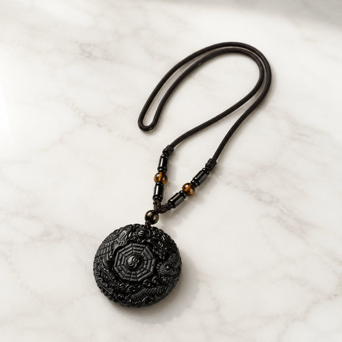 Natural Black Obsidian Bagua Feng Shui Pendant Necklace