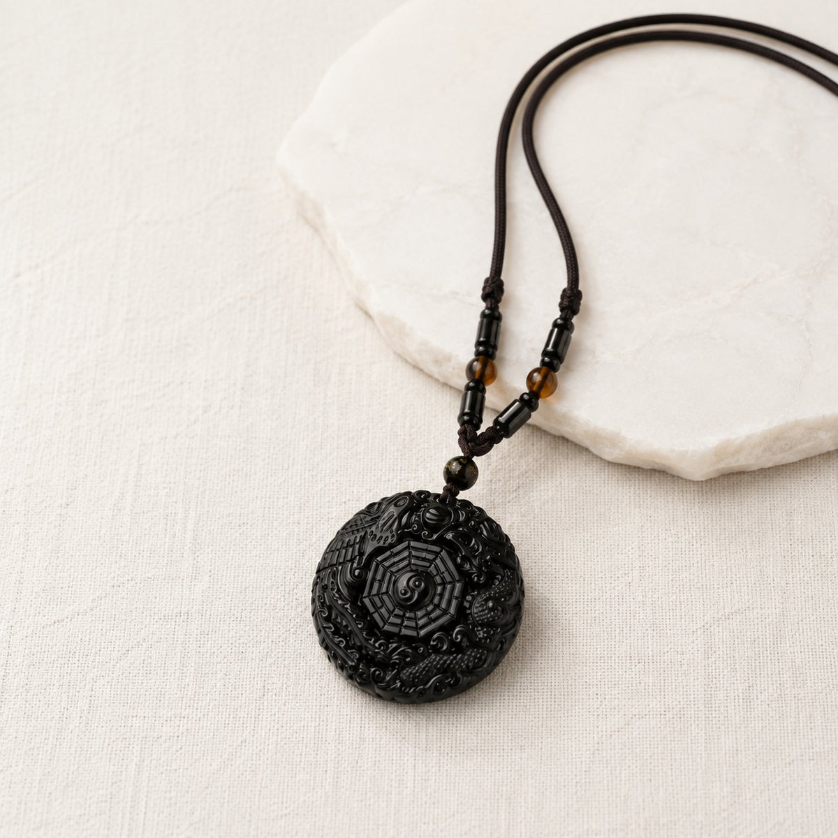 Natural Black Obsidian Bagua Feng Shui Pendant Necklace