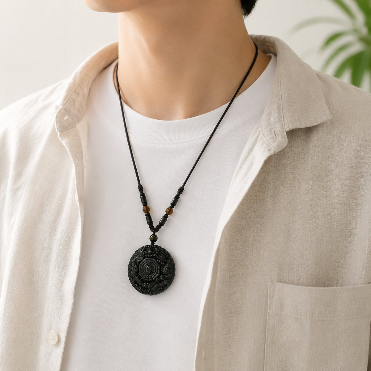 Natural Black Obsidian Bagua Feng Shui Pendant Necklace