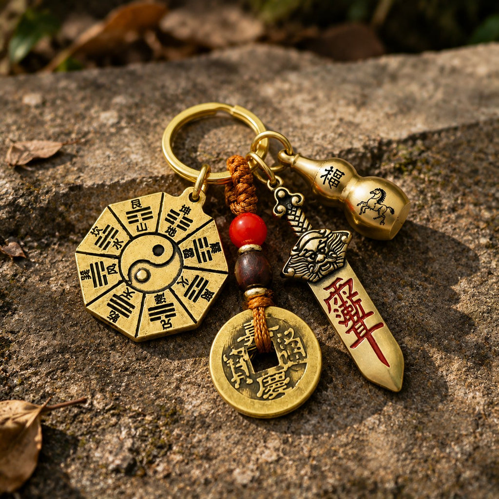 Gold‐Tone Zinc Alloy Brass Bagua Feng Shui Balance Keychain