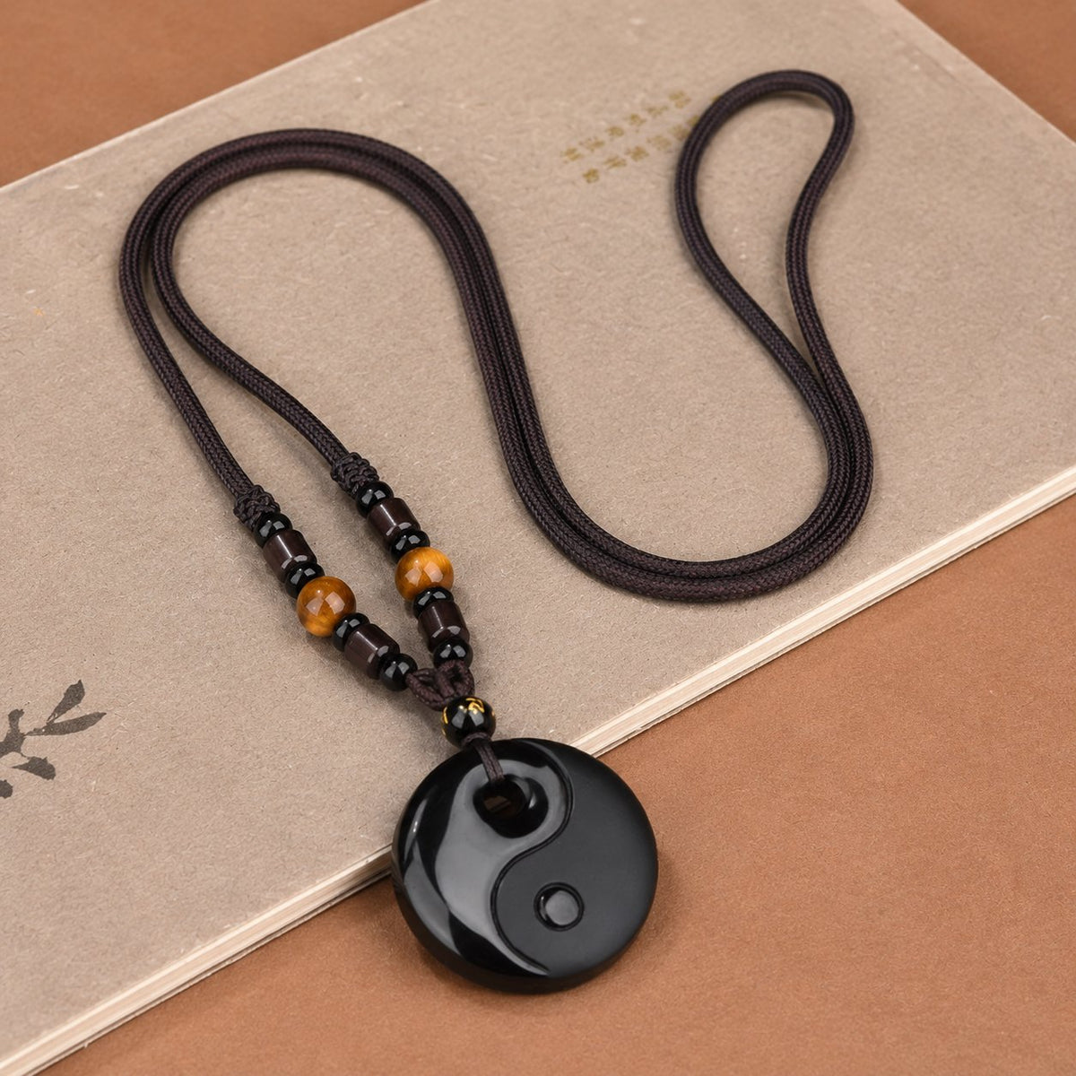 Natural Black Obsidian Yin Yang Tai Chi Balance Harmony Pendant Necklace