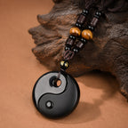 Natural Black Obsidian Yin Yang Tai Chi Balance Harmony Pendant Necklace
