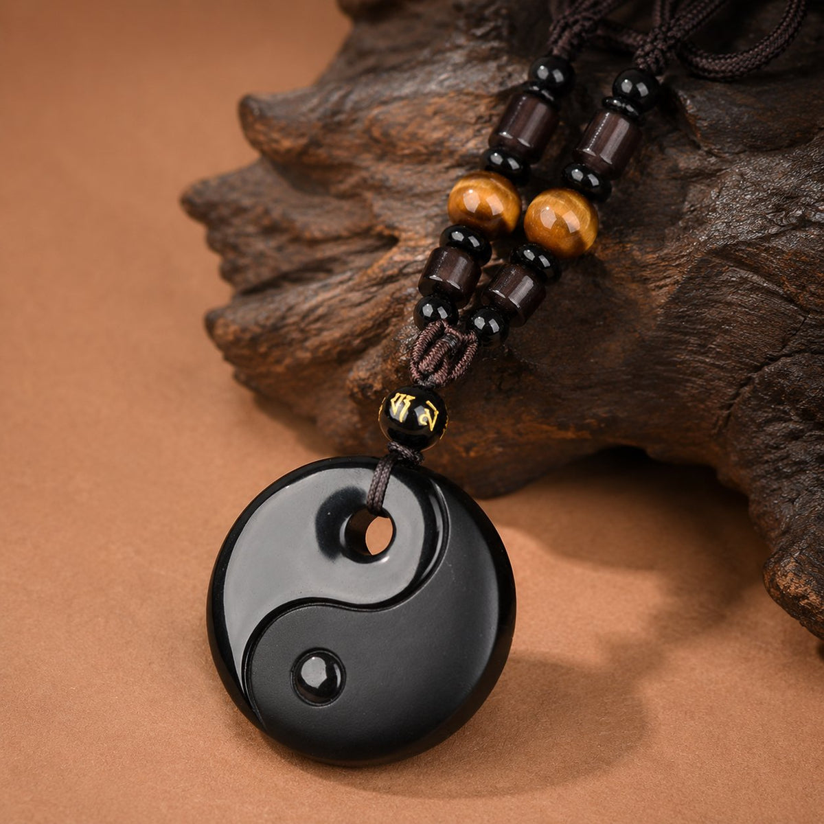 Natural Black Obsidian Yin Yang Tai Chi Balance Harmony Pendant Necklace