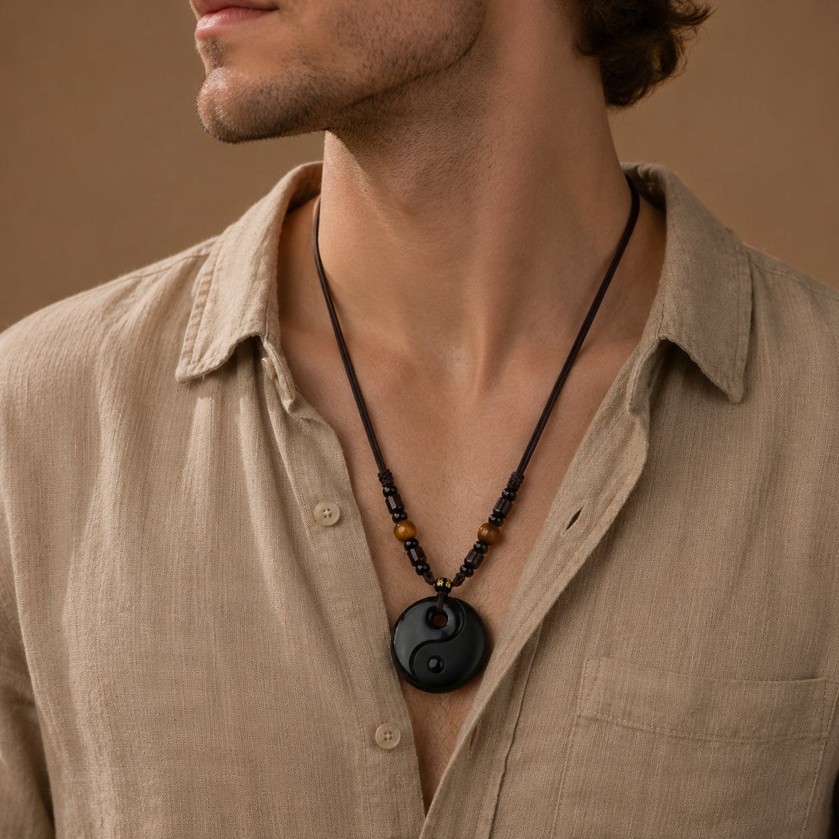 Natural Black Obsidian Yin Yang Tai Chi Balance Harmony Pendant Necklace