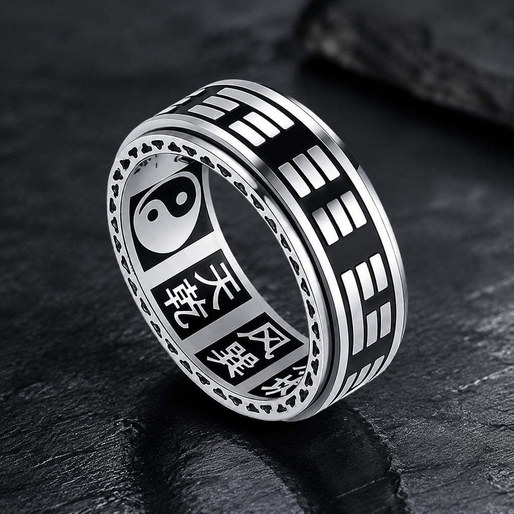 Silver Titanium Steel Bagua Spinner Stress Relief Balance Protection Ring