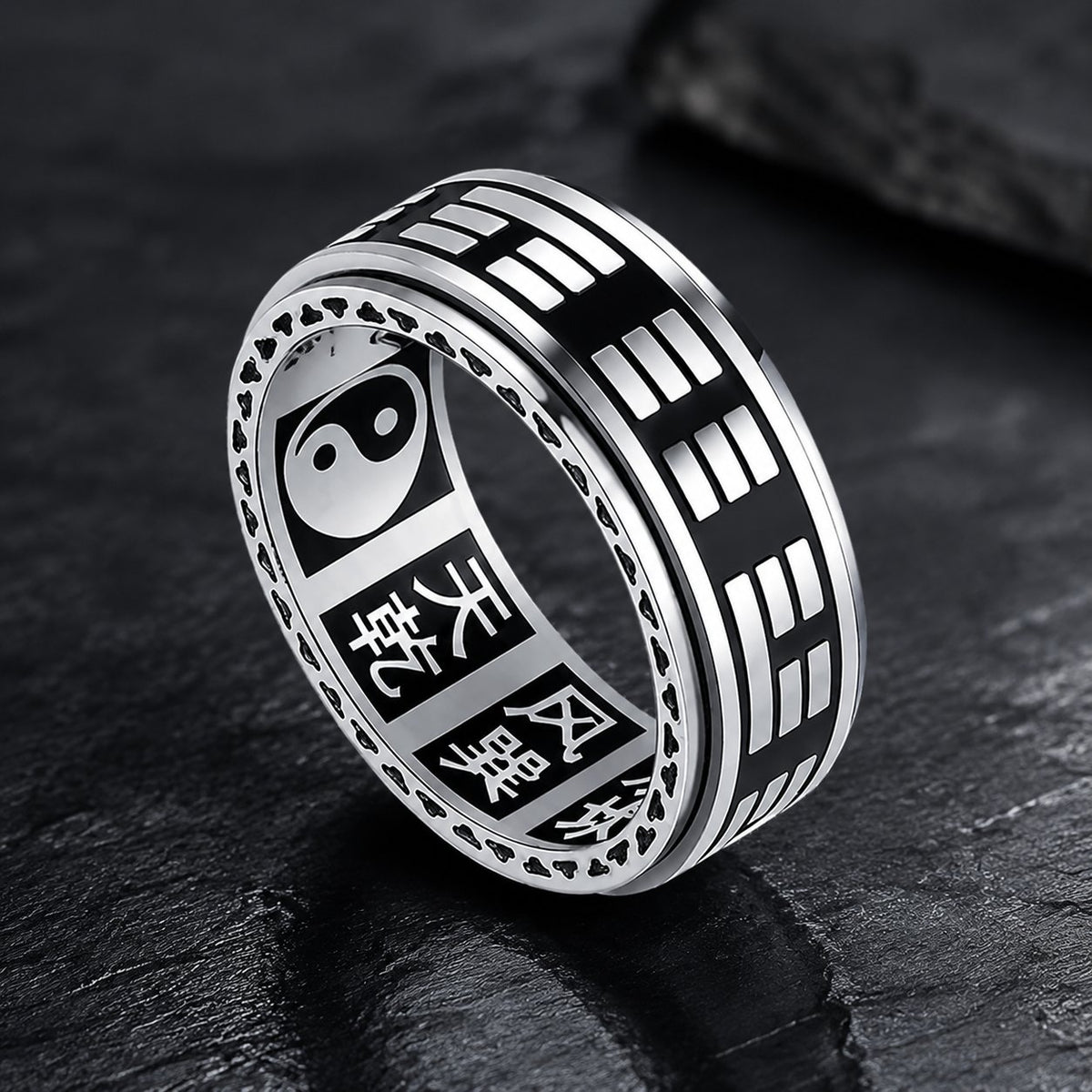 Silver Titanium Steel Bagua Spinner Stress Relief Balance Protection Ring