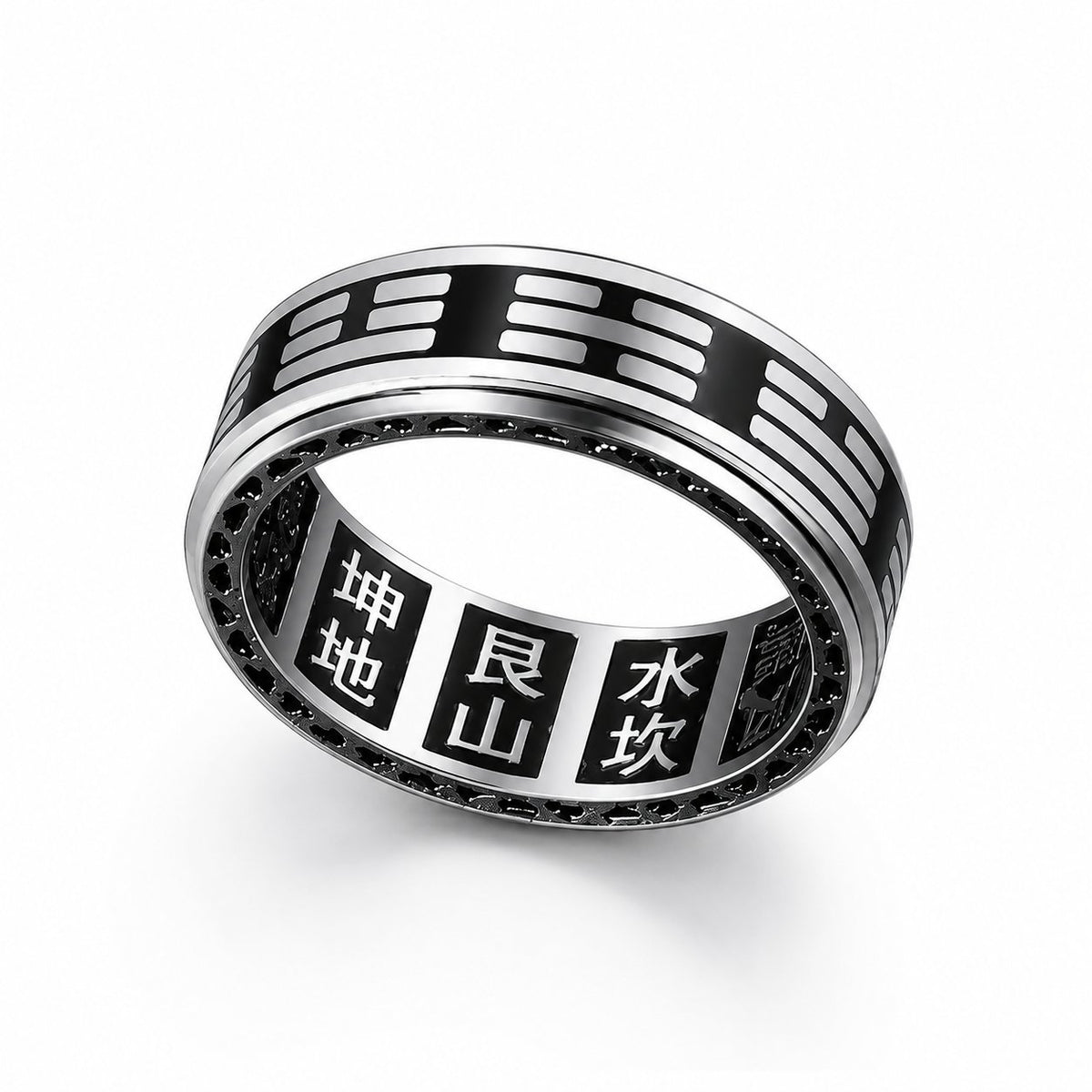 Silver Titanium Steel Bagua Spinner Stress Relief Balance Protection Ring