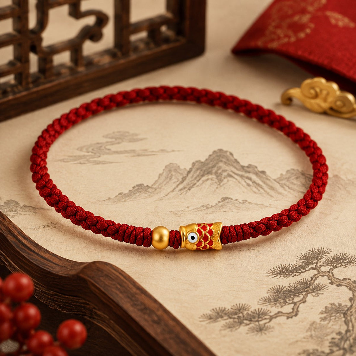 Red String Alloy Koi Fish Joy Good Luck Braided Bracelet