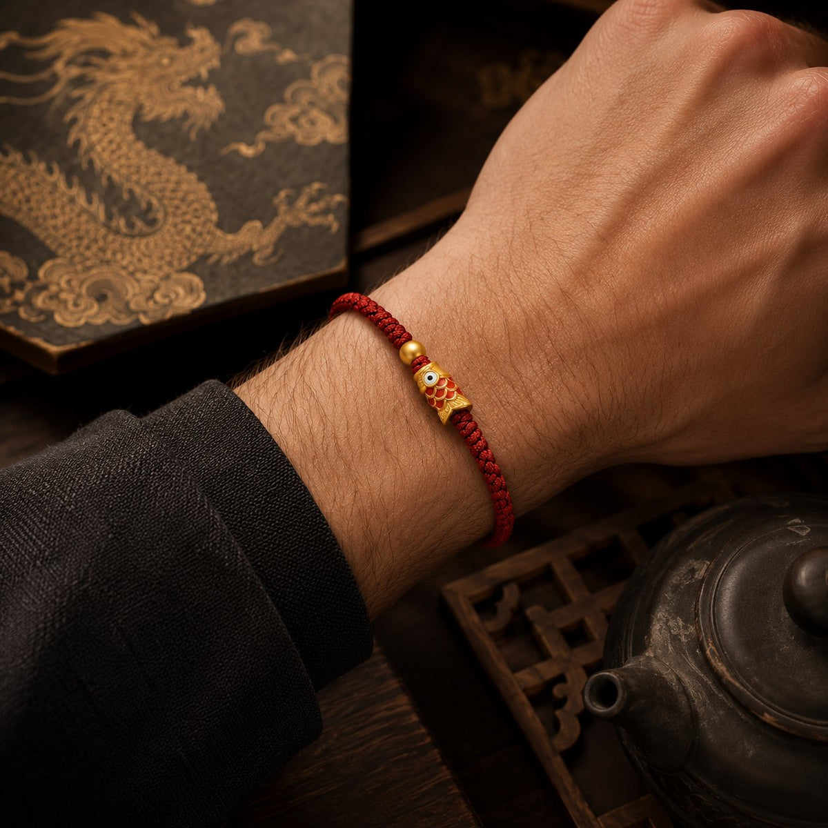 Red String Alloy Koi Fish Joy Good Luck Braided Bracelet