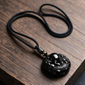 Natural Obsidian Pixiu Holding Ball Wealth Pendant Necklace