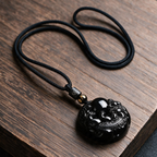 Natural Obsidian Pixiu Holding Ball Wealth Pendant Necklace