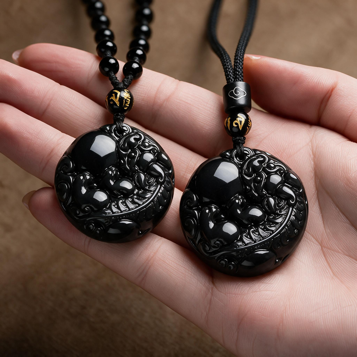 Natural Obsidian Pixiu Holding Ball Wealth Pendant Necklace