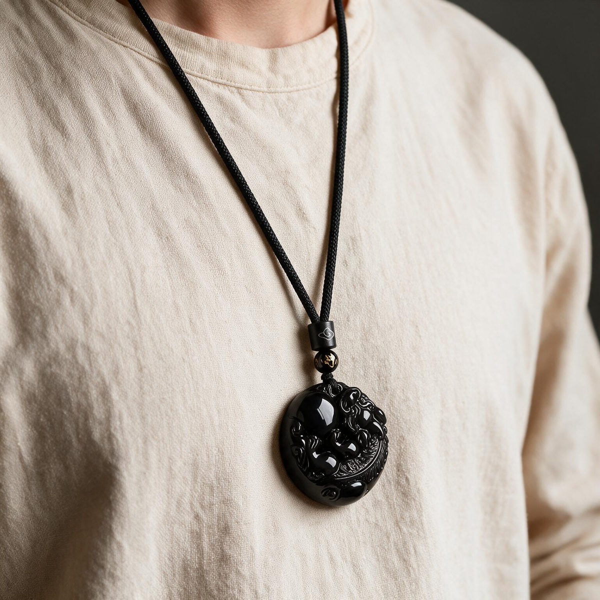 Natural Obsidian Pixiu Holding Ball Wealth Pendant Necklace
